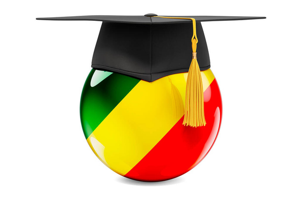 Bildung im Kongo. Kongo-Flagge mit Graduierungskappe, 3D-Darstellung isoliert auf weißem Hintergrund - Foto, Bild