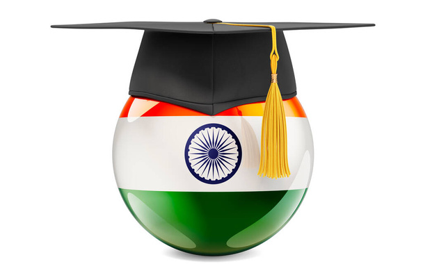 インドの教育概念。卒業キャップ、白い背景に隔離された3Dレンダリングとインドの旗 - 写真・画像