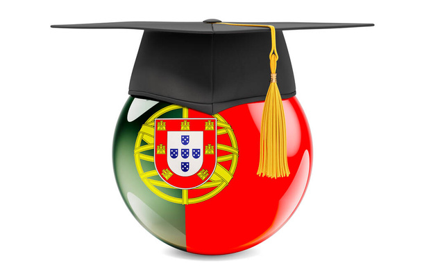 Vzdělání v Portugalsku. Portugalská vlajka s odstupňovacím víčkem, 3D vykreslování izolováno na bílém pozadí - Fotografie, Obrázek