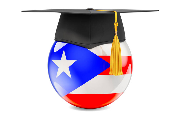 Vzdělání v Portoriku. Portorikánská vlajka s odstupňovacím víčkem, 3D vykreslování izolované na bílém pozadí - Fotografie, Obrázek