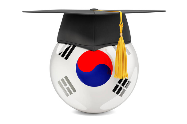 La educación en Corea del Sur concepto. Bandera de Corea del Sur con gorra de graduación, representación 3D aislada sobre fondo blanco - Foto, Imagen