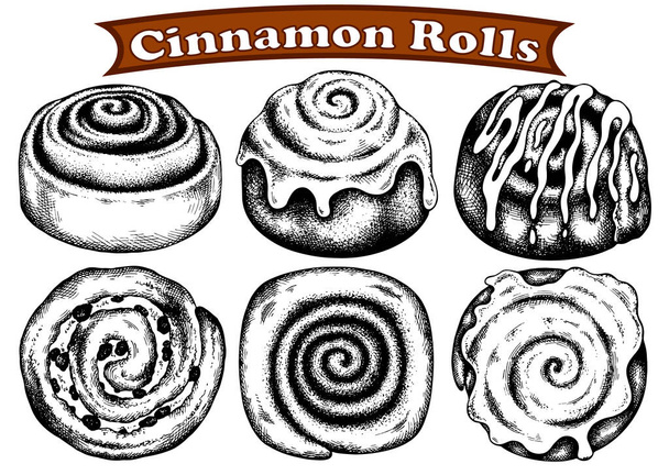 Sketch hand drawn black cinnamon rolls isolated on white background. Line art cinnabon roll. Cinnamon roll with cream, raisins. Vintage, retro food.Vector illustration - Vector, Image