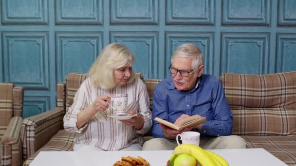 Пенсионерская пара разговаривает, пьет чай, читает книгу в современной гостиной вместе - Кадры, видео