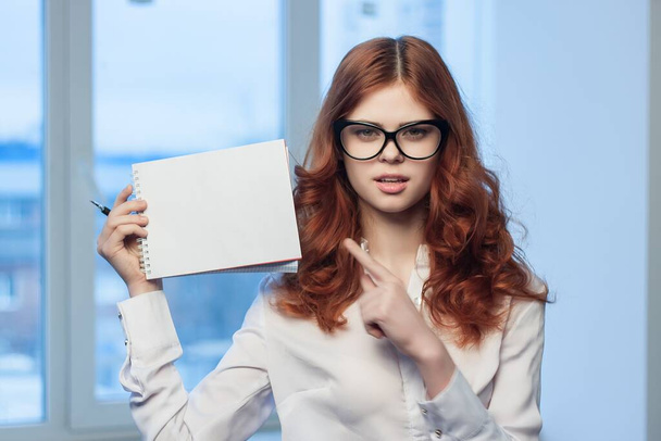 donna dai capelli rossi in occhiali con un taccuino in mano un manager ufficiale - Foto, immagini