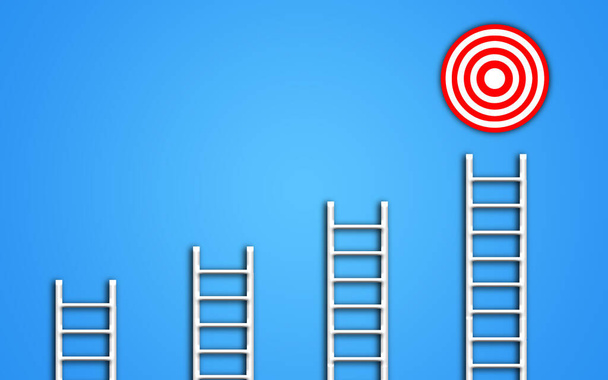 Stap voor stap om een doel te bereiken. ladder richten en bereiken van een doel symbool in blauwe achtergrond. Ambitie en zakelijk doel - Foto, afbeelding