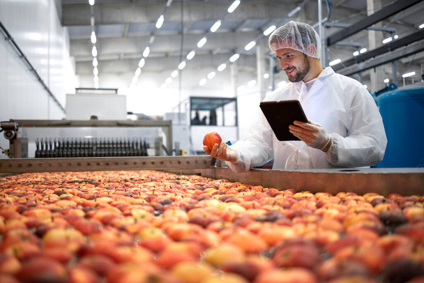 Tecnologo in fabbrica di trasformazione alimentare processo di controllo della selezione e produzione di mele. - Foto, immagini