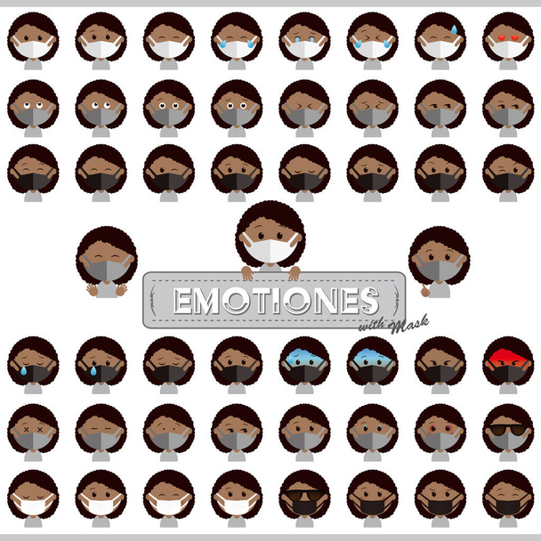 Variações de expressão facial de mulheres negras usando máscara - Vetor, Imagem