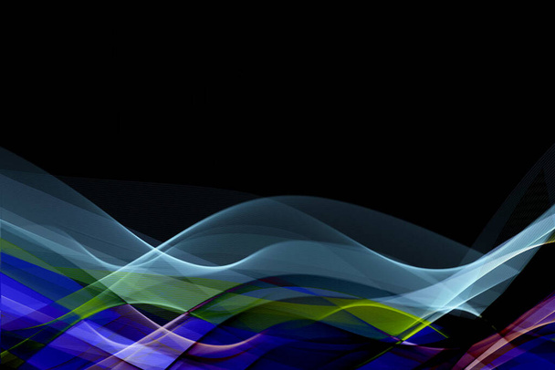 smooth multicolored linear waves on a black background for design, place for text - Photo, Image
