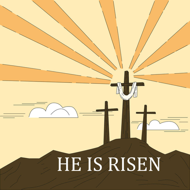 Christian cross on the religious holiday Easter. Text He Is Risen, celebrate the resurrection. Sketch doodle - Vector, Image