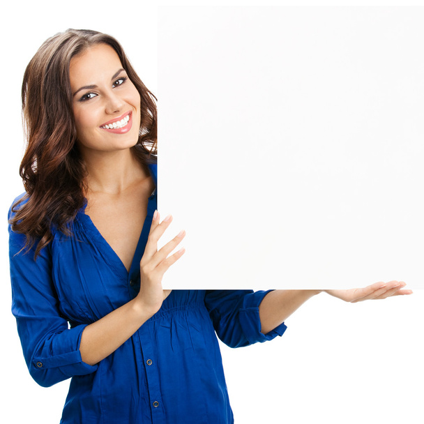 Young woman with blank signboard, on white - Photo, Image