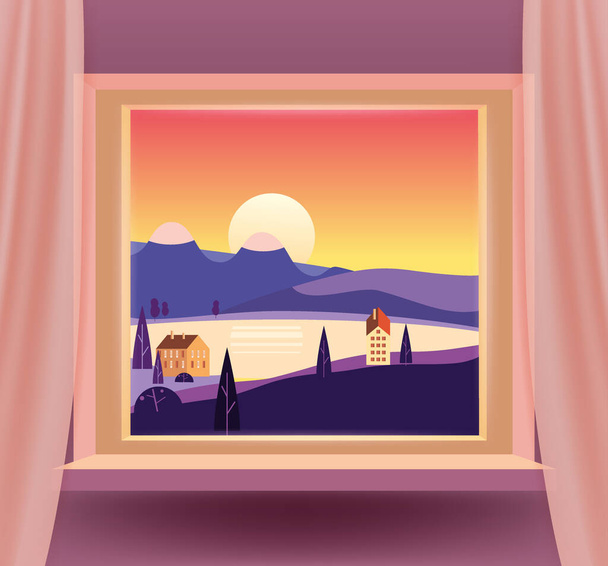 Ανοικτό παράθυρο εσωτερικό σπίτι με ένα ηλιοβασίλεμα θάλασσα ωκεανού τοπίο, βουνά, σπίτια, δέντρα, εξωτικά. Tropic καλοκαιρινό τοπίο από τη θέα του παραθύρου με κουρτίνες. Εικονογράφηση διανύσματος - Διάνυσμα, εικόνα
