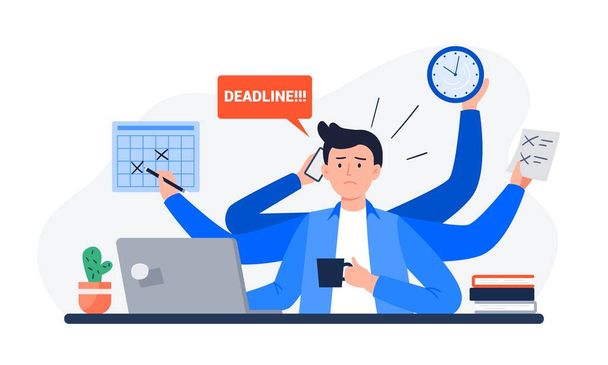 A Tired Man Missing Deadline. An Office Worker Overwhelmed by Work, Reports, and Calls. Vector Flat Illustration. - Vector, Image