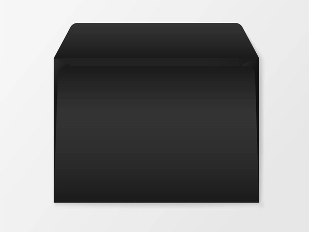 Mockup vettoriale di carta c6 nera busta vuota isolata su sfondo bianco. Modello di copertina aperta con affrancatura orizzontale scura. Illustrazione 3d per il tuo design di identità aziendale - Vettoriali, immagini