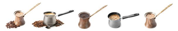 Set of Turkish coffee brewing pots on white background - Photo, Image