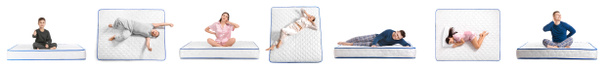 Set di persone con materassi ortopedici moderni su sfondo bianco - Foto, immagini