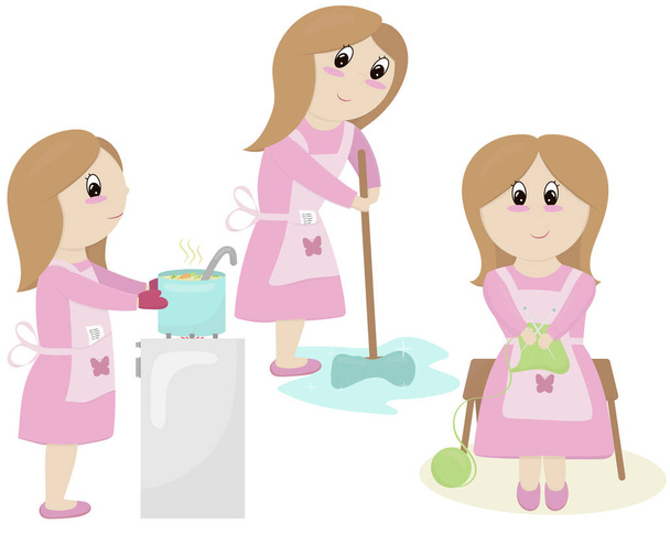 Moeder in roze jurk en schort bereidt, wast de vloer, breit - doet huishoudelijk werk, set van vector elementen in platte stijl - Vector, afbeelding