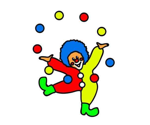 Cheerful clown joue avec des boules colorées sur un fond blanc. Caricature. Illustration vectorielle. - Vecteur, image