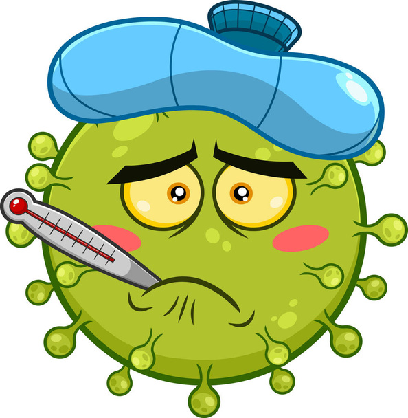 Kuumeinen sairas koronavirus (COVID-19) Sarjakuva Emoji Character with Ice Pack. Rasterin kuvitus eristetty läpinäkyvällä taustalla - Vektori, kuva