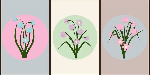 Collection of colored posters of daffodils in pastel colors. Abstract geometric elements, leaves and buds of narcissus. Design for social networks, banners, backgrounds, cards, prints.  - Vector, Image