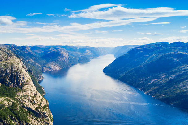 Lysefjord aerial panoramic view from the top of the Preikestolen cliff near Stavanger. Preikestolen or Pulpit Rock is a famous tourist attraction in Norway. - Φωτογραφία, εικόνα