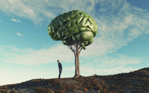 Um homem a olhar para uma árvore cerebral humana. Doença mental e conceito de conhecimento. Esta é uma ilustração de renderização 3d .  - Foto, Imagem