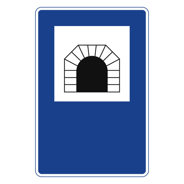 Obdélníkový dopravní signál v modré a bílé barvě, izolovaný na bílém pozadí. Startovní značka tunelu - Vektor, obrázek