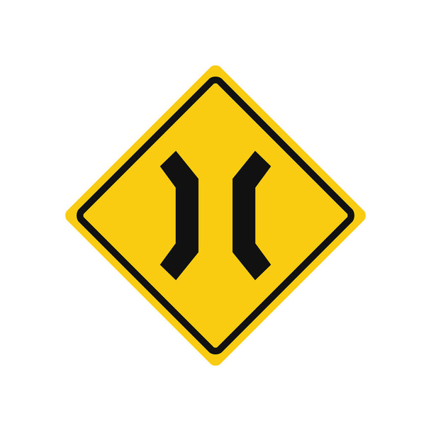 Señal de tráfico romboide en amarillo y negro, aislada sobre fondo blanco. Advertencia de estrechamiento de la carretera - Vector, imagen