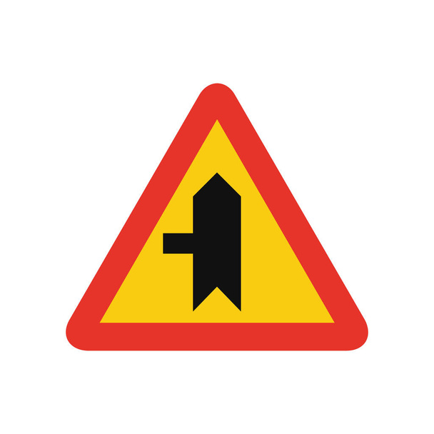 Trójkątny sygnał drogowy w kolorze żółtym i czerwonym, izolowany na białym tle. Tymczasowe ostrzeżenie o bocznej drodze po lewej stronie - Wektor, obraz