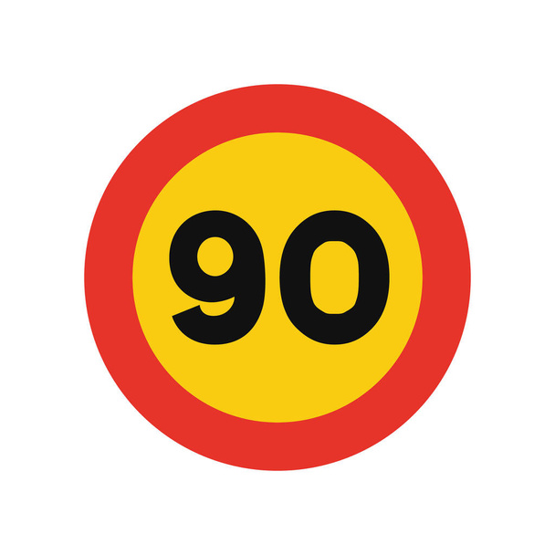 Sinal de trânsito arredondado em amarelo e vermelho, isolado sobre fundo branco. Limite temporário de velocidade de noventa - Vetor, Imagem