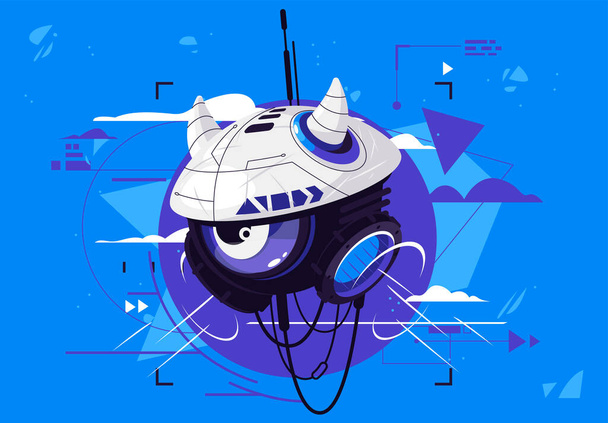 Ilustración vectorial de un robot volador futurista con un ojo, un asistente de voz con un casco - Vector, imagen