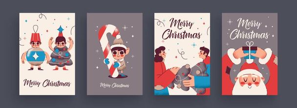 Año Nuevo 2020 y la colección de tarjetas de felicitación de Navidad. Lindos atributos temáticos de vacaciones y situaciones - Vector, Imagen