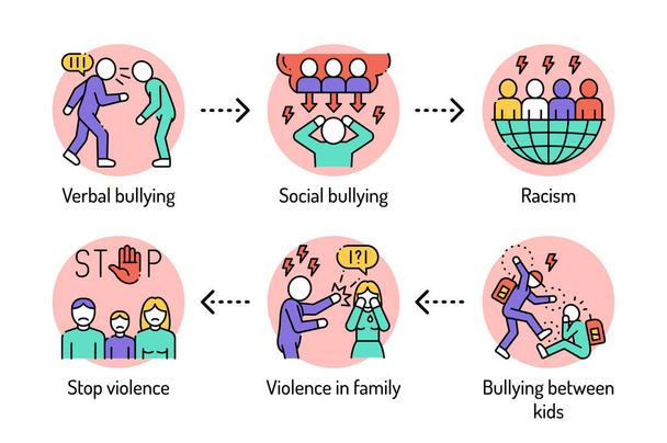 Violence color line icons. Harassment, social abuse and bullying. Signs for web page, mobile app, button, logo. Editable stroke. - Διάνυσμα, εικόνα