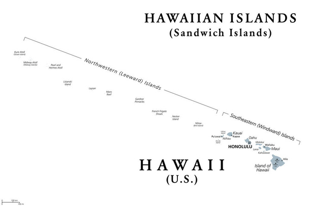Îles Hawaïennes, îles Sandwich, carte politique grise. État américain d'Hawaï avec la capitale Honolulu, et le territoire non incorporé Midway Atoll. Archipel dans l'océan Pacifique Nord. Illustration. Vecteur. - Vecteur, image