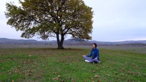Mujer disfrutar del yoga en el parque de otoño cerca de roble solo. práctica de meditación de yoga zen en la naturaleza. idea y concepto fitness, estilo de vida saludable, - Metraje, vídeo