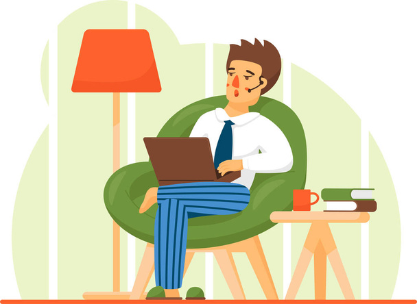 Uomo in abito casual seduto a casa in comoda poltrona e la navigazione o di lavoro sul computer portatile alle sue ginocchia. - Vettoriali, immagini