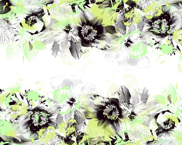 Two sides abstarct flowers border.Beautiful raster flowers pattern for dresses. Abstarct flowers design for fabric.Trendy floral pattern for fashion and interiors. Summer flowers design in green - Photo, Image