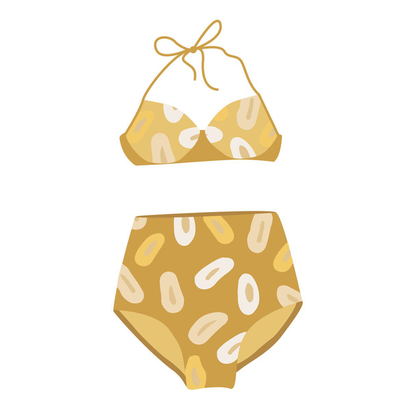 Flat vector cartoon illustration of a stylish swimsuit in yellow colors. Fashion women's swimsuit with high-waisted panties. Bikini top and bottom. Drawing on a white background.  - Vector, Image