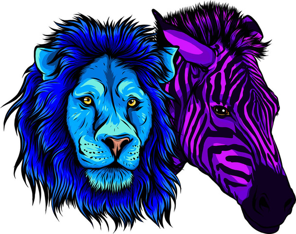 têtes de zèbre coloré et illustration vectorielle de lion - Vecteur, image