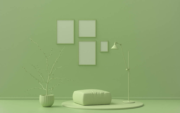 Habitación interior en color verde claro monocromo liso, 4 marcos de imagen en la pared con muebles y plantas para la presentación de póster. Renderizado 3D - Foto, Imagen