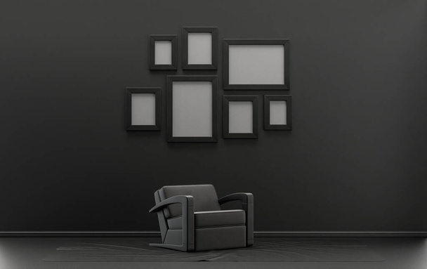 Minimalist living room interior in flat single pastel black and dark gray color with 7 frames on the wall and furnitures and plants, in the room, 3d Rendering, poster gallery wall - Photo, Image