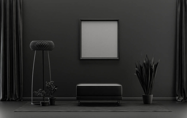 Single Frame Gallery Pared en habitación plana monocromática de color negro y gris oscuro con muebles y plantas, representación 3d, sala de maquetas con póster - Foto, imagen