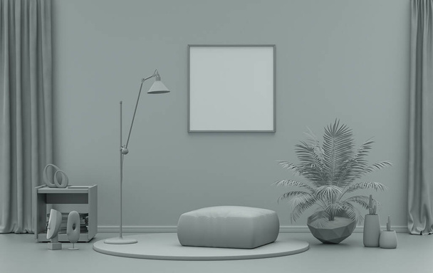 Однокадровая галерея Стена в ясенево-сером цвете монохромной плоской комнаты с мебелью и растениями, 3D рендеринг, комната макета плаката - Фото, изображение