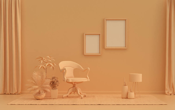 Double Frames Gallery Parete in colore arancio rosato monocromatico camera piana con mobili e piante, 3d Rendering, poster mockup room - Foto, immagini