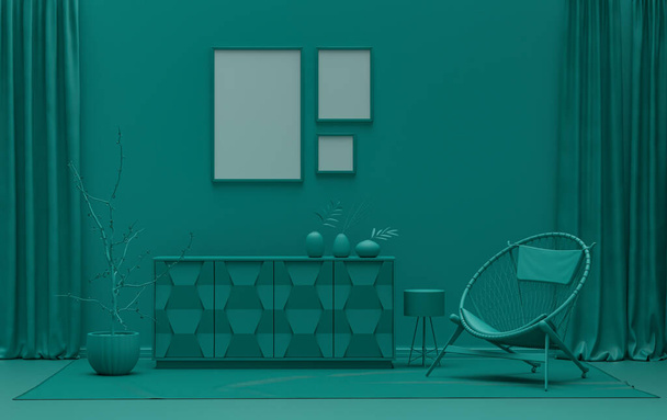 Galéria fal három képkeret, monokróm lapos egy sötétzöld színű szoba bútorok és növények, 3D Renderelés, képkeret modell - Fotó, kép