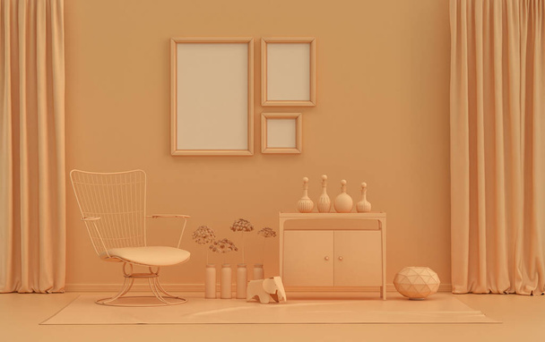 Galéria fal három képkeret, monokróm lapos egy narancssárga rózsaszínű szoba bútorok és növények, 3D Renderelés, képkeret modell - Fotó, kép