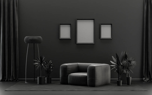 Galleria parete con tre cornici, in monocromatico piatto singolo nero e grigio scuro stanza di colore con mobili e piante, 3d Rendering, modello cornice - Foto, immagini