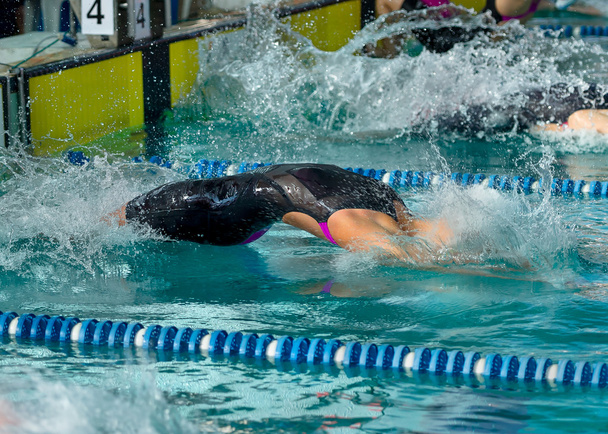Feminino nadador mergulhar na água no início de uma corrida de costas
 - Foto, Imagem