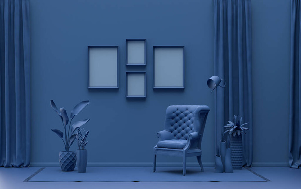 Galéria fal 4 képkocka, monokróm lapos egyszínű sötétkék szoba bútorok és növények, 3D Renderelés, képkeret modell - Fotó, kép