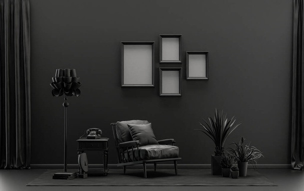 Belső szoba egyszerű monokróm fekete-sötét szürke színben, 4 képkeret a falon bútorokkal és növényekkel a poszter bemutatásához. 3D renderelés - Fotó, kép