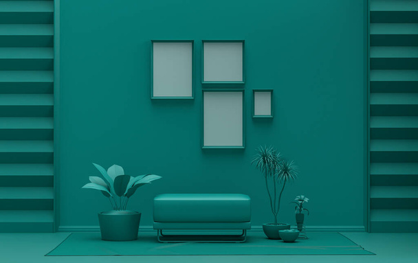 Belső szoba egyszerű monokróm sötétzöld színben, 4 képkeret a falon bútorokkal és növényekkel a poszter bemutatásához. 3D renderelés - Fotó, kép
